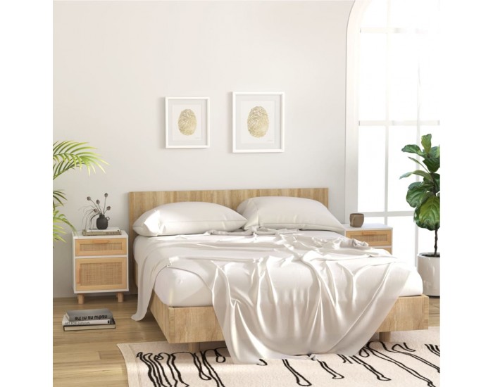 Sonata H Нощни шкафчета, 2 бр, бели, бор масив и естествен ратан