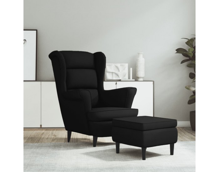Sonata H Фотьойл Wingback с табуретка, черен, кадифе