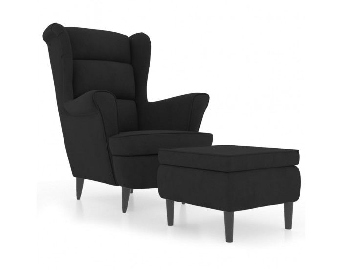 Sonata H Фотьойл Wingback с табуретка, черен, кадифе