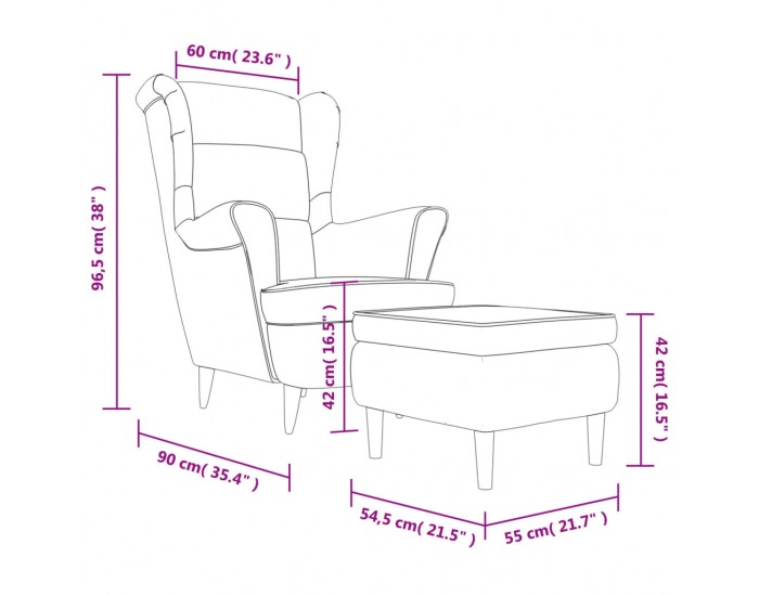 Sonata H Фотьойл Wingback с табуретка, черен, кадифе