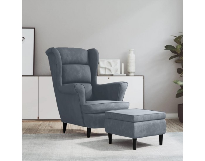 Sonata H Фотьойл Wingback с табуретка, тъмносив, кадифе Sonata H Фотьойл Wingback с табуретка, тъмносив, кадифе