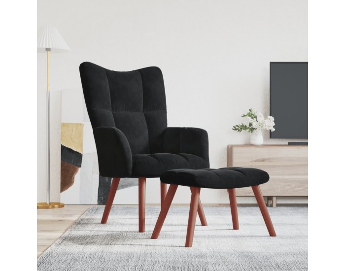 Sonata H Релакс стол с табуретка, черен, кадифе