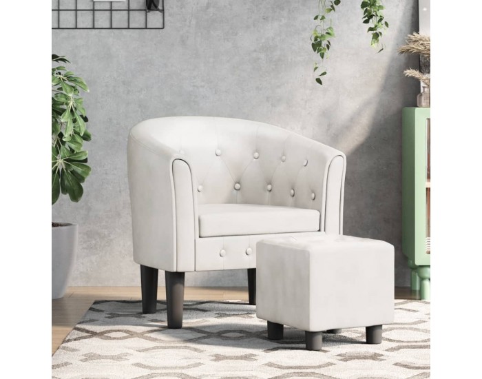 Sonata H Объл фотьойл с табуретка за крака, бял, изкуствена кожа