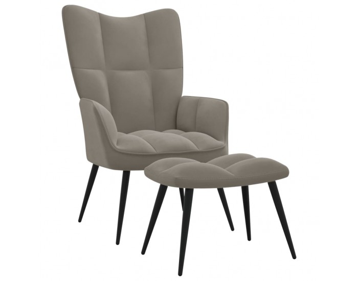 Sonata H Релаксиращ стол с табуретка, светлосив, кадифе