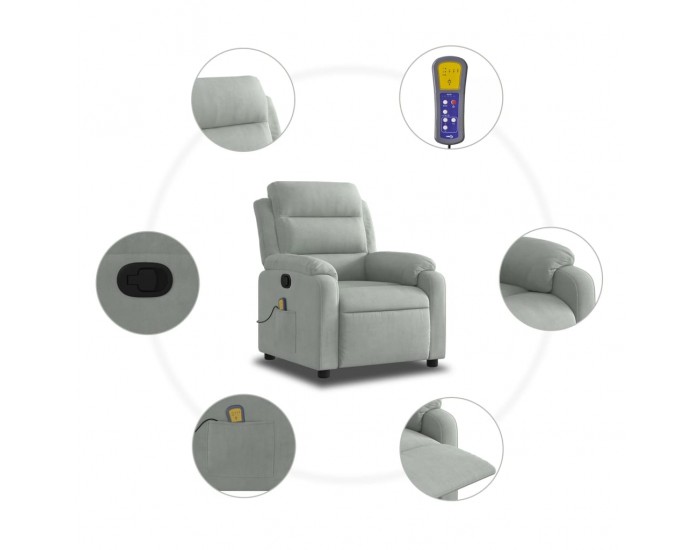 Sonata H Масажен реклайнер стол, светлосив, кадифе