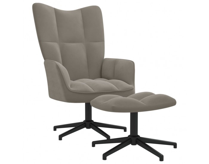 Sonata H Релаксиращ стол с табуретка, светлосив, кадифе