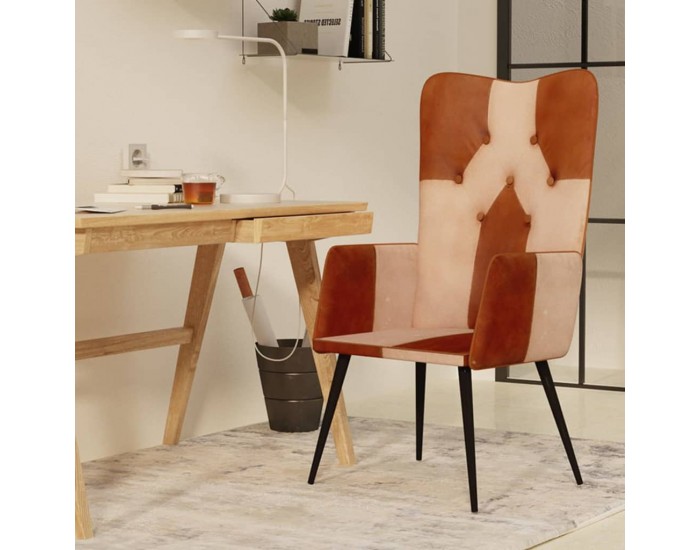 Sonata H Wingback стол, кафяво и кремаво, естествена кожа