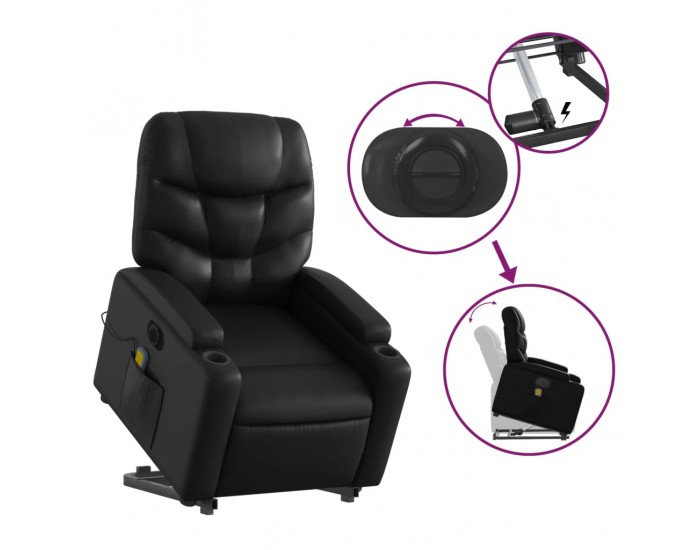 Sonata H Електрически изправящ масажен реклайнер стол, черен, еко кожа