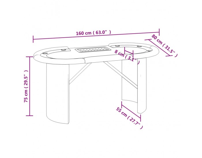 Sonata H Покер маса за 10 играча с поставка за чипове синя 160x80x75 см