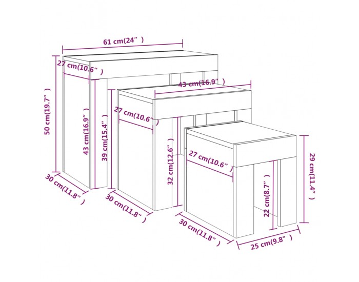 Sonata H Стифиращи кафе маси, 3 бр, сив сонома, инженерно дърво