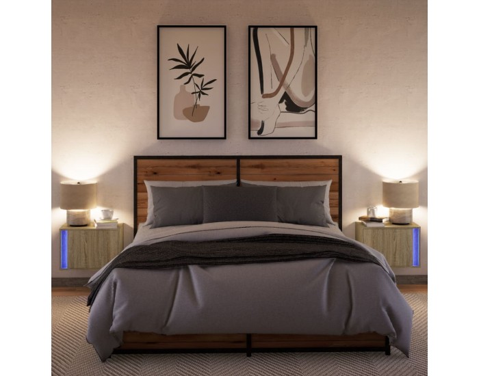 Sonata H Нощни шкафчета за стена с LED осветление, 2 бр, сонома дъб