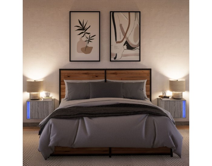 Sonata H Нощни шкафчета за стена с LED осветление, 2 бр, сив сонома