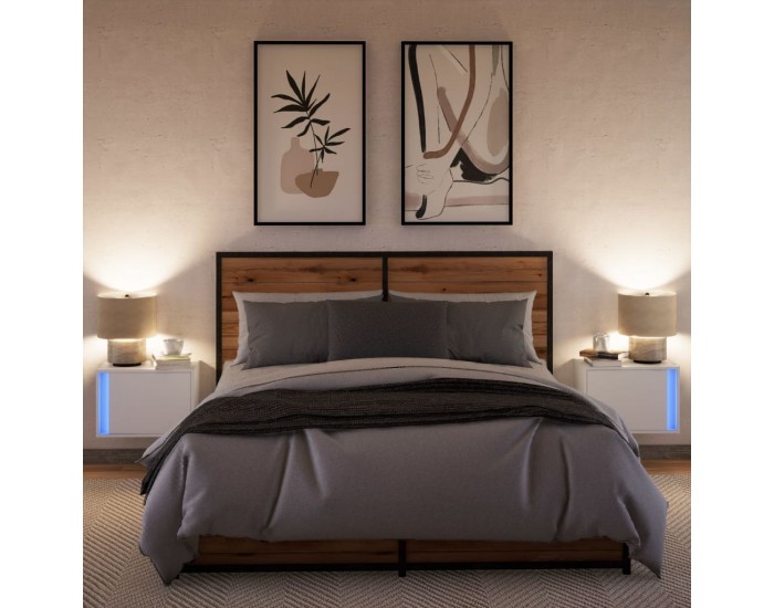 Sonata H Нощни шкафчета за стена с LED осветление, 2 бр, бели