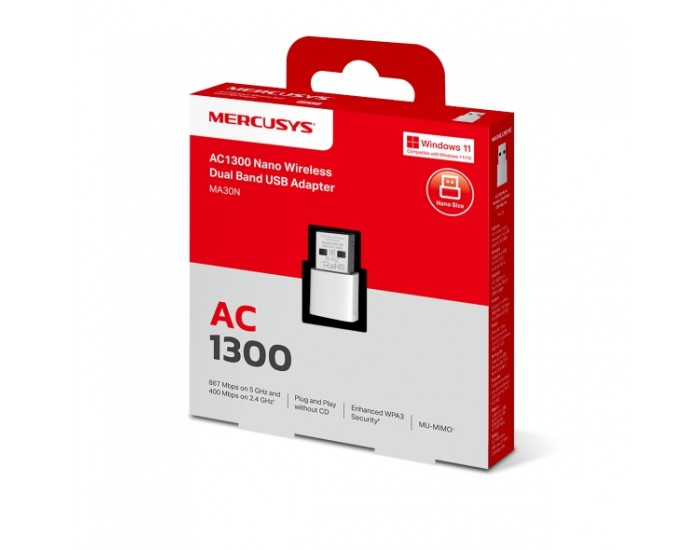 Безжичен USB 2-лентов адаптер Mercusys MA30N AC1300 Nano