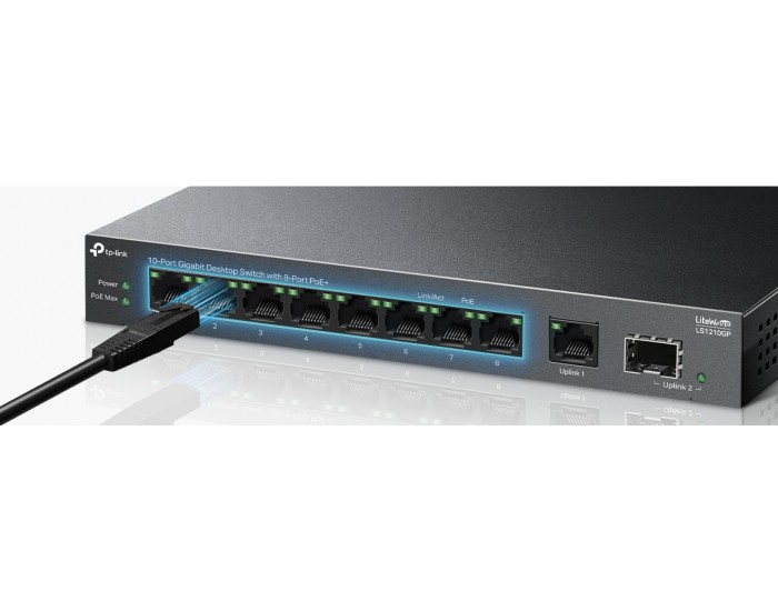 10-портов гигабитен настолен комутатор TP-Link LS1210GP с 8-PoE+ порта