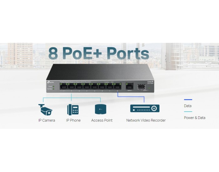 10-портов гигабитен настолен комутатор TP-Link LS1210GP с 8-PoE+ порта