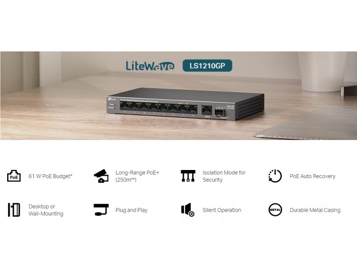 10-портов гигабитен настолен комутатор TP-Link LS1210GP с 8-PoE+ порта