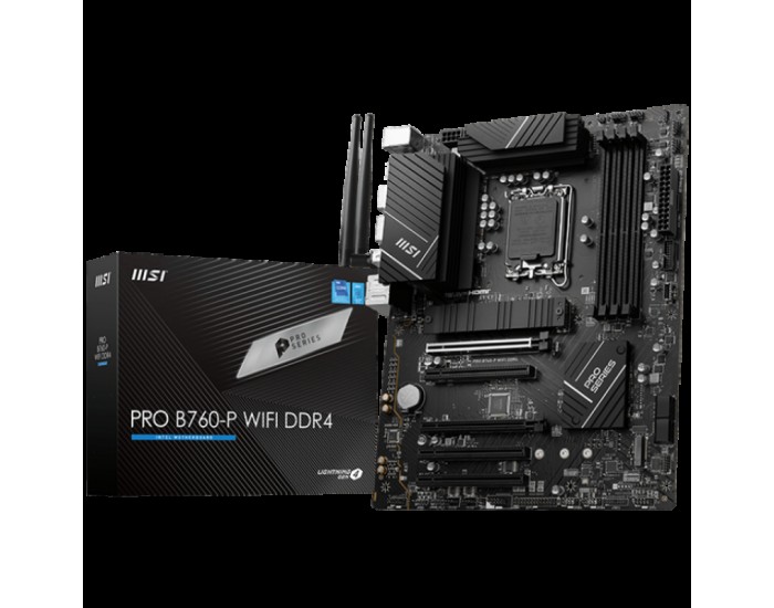 MSI PRO B760-P WIFI DDR4, ATX, Socket 1700, Dual Channel DDR4 5333(OC)MHz, 2x PCIe x16 slots, 2x M.2 slots, 1x HDMI, 1x DP, 1x USB 3.2 Gen 2x2 Type-C, 3x USB 3.2 Gen 2, 4x USB 2.0, 7.1 HD Audio, 2.5Gbps LAN, WI-FI 6E, BT, 3Y MSI PRO B760-P WIFI DDR4, ATX, Socket 1700, Dual Channel DDR4 5333(OC)MHz, 2x PCIe x16 slots, 2x M.2 slots, 1x HDMI, 1x DP, 1x USB 3.2 Gen 2x2 Type-C, 3x USB 3.2 Gen 2, 4x USB 2.0, 7.1 HD Audio, 2.5Gbps LAN, WI-FI 6E, BT, 3Y