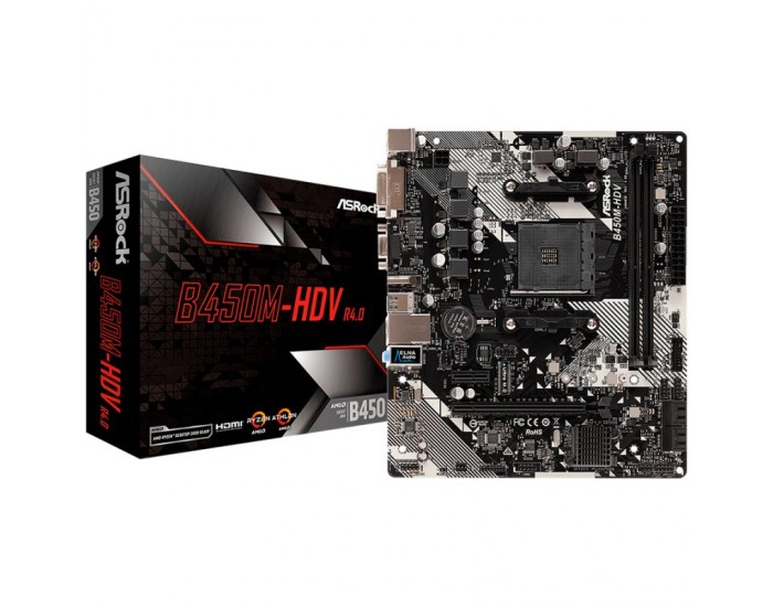 ASROCK Main Board Desktop B450M-HDV R4.0 (SAM4,2xDDR4,1xPCI 3.0x16,1xPCI Ex1,SATA III,1xM.2,1xUlraM.2,USB3.0,GLAN, VGA,DVI,HDMI,) mATX Retail ASROCK Main Board Desktop B450M-HDV R4.0 (SAM4,2xDDR4,1xPCI 3.0x16,1xPCI Ex1,SATA III,1xM.2,1xUlraM.2,USB3.0,GLAN, VGA,DVI,HDMI,) mATX Retail