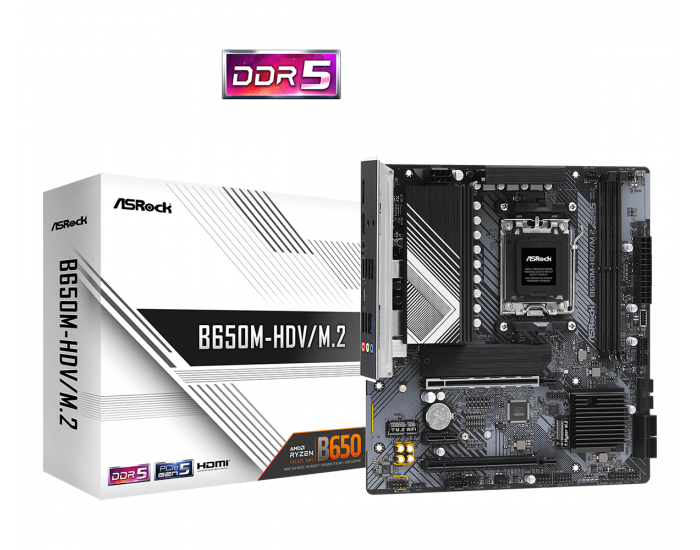 ASROCK MB Desktop B650M-HDV/M2, AM5, 2x DDR5, 2x PCIe 4.0 x16, 1x PCIe 4.0 x1, 1x Blazing M.2(PCIe Gen5x4), 1x Hyper M.2(PCIe Gen4x4), 1x M.2, 4x SATA3 6.0 Gb/s, 1x HDMI, 1x DisplayPort, 2.5G LAN, 7x USB 3.2, 8x USB 2.0, 1x USB-C
