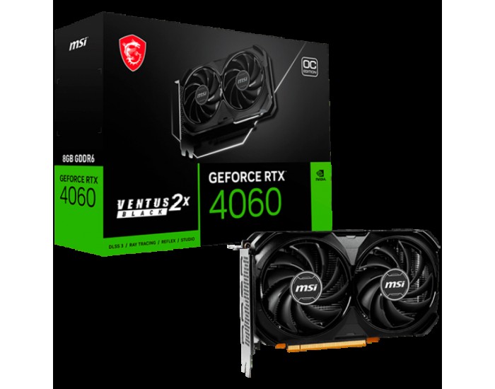 MSI Video Card Nvidia GeForce RTX 4060 VENTUS 2X BLACK 8G OC, 8GB GDDR6, 128bit, Boost: 2490 MHz, 3072 CUDA Cores, PCIe 4.0, 3x DP 1.4a, HDMI 2.1a, RAY TRACING, Dual Fan, 1x 8pin, 550W Recommended PSU, 3Y MSI Video Card Nvidia GeForce RTX 4060 VENTUS 2X BLACK 8G OC, 8GB GDDR6, 128bit, Boost: 2490 MHz, 3072 CUDA Cores, PCIe 4.0, 3x DP 1.4a, HDMI 2.1a, RAY TRACING, Dual Fan, 1x 8pin, 550W Recommended PSU, 3Y
