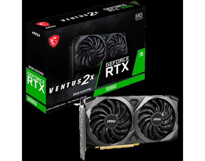 MSI Video Card Nvidia GeForce RTX 3060 VENTUS 2X 8G OC, 8GB GDDR6, 128-bit, 15 Gbps Effective Memory Clock, 1807 MHz Boost, 3584 CUDA Cores, PCIe 4.0, 3x DisplayPort 1.4a, HDMI 2.1, RAY TRACING, Dual Fan, 550W Recommended PSU, Metal Backplate, 3Y MSI Video Card Nvidia GeForce RTX 3060 VENTUS 2X 8G OC, 8GB GDDR6, 128-bit, 15 Gbps Effective Memory Clock, 1807 MHz Boost, 3584 CUDA Cores, PCIe 4.0, 3x DisplayPort 1.4a, HDMI 2.1, RAY TRACING, Dual Fan, 550W Recommended PSU, Metal Backplate, 3Y