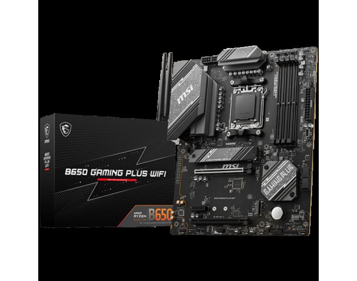 MSI Main Board Desktop B650 Gaming Plus WIFI, AM5, 4x DDR5, HDMI, DP, 2x PCI-E x16, 1x PCI-E x1,3xM.2, 4xSATA 6G, 4x USB 2.0, 4x USB 3.2 Gen1 Type A, 3x USB 3.2 Gen2 Type A,1x USB 3.2 Gen2 Type C,1x USB 3.2 Gen2x2 Type C, 2.5GLAN,Wi-Fi 6E, BT5.3 ATX MSI Main Board Desktop B650 Gaming Plus WIFI, AM5, 4x DDR5, HDMI, DP, 2x PCI-E x16, 1x PCI-E x1,3xM.2, 4xSATA 6G, 4x USB 2.0, 4x USB 3.2 Gen1 Type A, 3x USB 3.2 Gen2 Type A,1x USB 3.2 Gen2 Type C,1x USB 3.2 Gen2x2 Type C, 2.5GLAN,Wi-Fi 6E, BT5.3 ATX