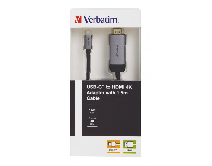 Адаптер Verbatim USB-C to HDMI Adapter - USB 3.1 Gen 1/HDMI 1.5m Cable Адаптер Verbatim USB-C to HDMI Adapter - USB 3.1 Gen 1/HDMI 1.5m Cable