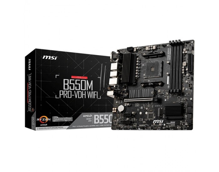 MSI B550M PRO-VDH WIFI,m-ATX,Socket AM4,AMD B550 Chipset,4 DIMMs,Dual Channel DDR4 up to 4400+(OC)MHz,1x PCIe 4.0/3.0 x16 slot,2x M.2 slots,4x USB 3.2 Gen 1,2x USB 2.0,1x HDMI,1x DP,1x VGA,WiFi,1G LAN,7.1 Audio,3y warranty MSI B550M PRO-VDH WIFI,m-ATX,Socket AM4,AMD B550 Chipset,4 DIMMs,Dual Channel DDR4 up to 4400+(OC)MHz,1x PCIe 4.0/3.0 x16 slot,2x M.2 slots,4x USB 3.2 Gen 1,2x USB 2.0,1x HDMI,1x DP,1x VGA,WiFi,1G LAN,7.1 Audio,3y warranty