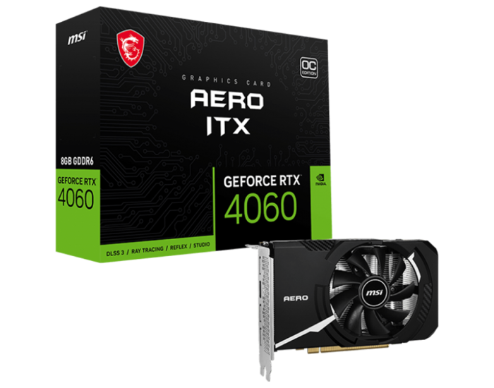 MSI Video Card Nvidia GeForce RTX 4060 AERO ITX 8G OC, 8GB GDDR6, 128bit, Boost: 2490 MHz, 3072 CUDA Cores, 17 Gbps Memory Speed, PCIe Gen 4 x 8,3x DP v1.4a, 1xHDMI 2.1a, 1 x 8-pin, Recommended PSU 550W, 3Y MSI Video Card Nvidia GeForce RTX 4060 AERO ITX 8G OC, 8GB GDDR6, 128bit, Boost: 2490 MHz, 3072 CUDA Cores, 17 Gbps Memory Speed, PCIe Gen 4 x 8,3x DP v1.4a, 1xHDMI 2.1a, 1 x 8-pin, Recommended PSU 550W, 3Y