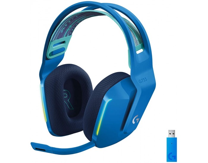 Слушалки Logitech G733 Wireless Headset, Lightsync RGB, Lightspeed Wireless, PRO-G 40 mm Drivers, DTS Headphone:X 2.0 Surround, Blue Voice Microphone, 278 g, Blue