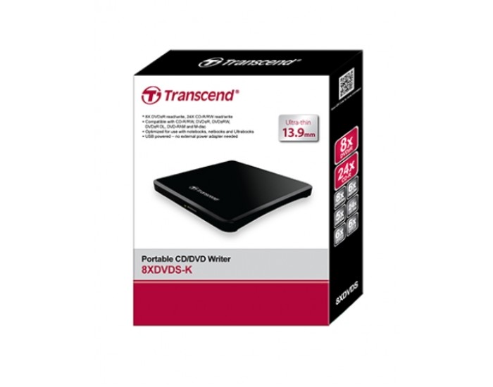 Оптично устройство Transcend 8X DVD, Slim Type, USB (Black), 13.9mm Thickness
