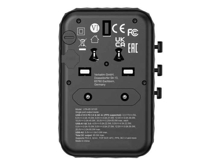 Адаптер Verbatim UTA-05 GaN III Universal Travel Adapter with 2 x USB-C PD 65W & QC 4+ / 2 x USB-A Адаптер Verbatim UTA-05 GaN III Universal Travel Adapter with 2 x USB-C PD 65W & QC 4+ / 2 x USB-A