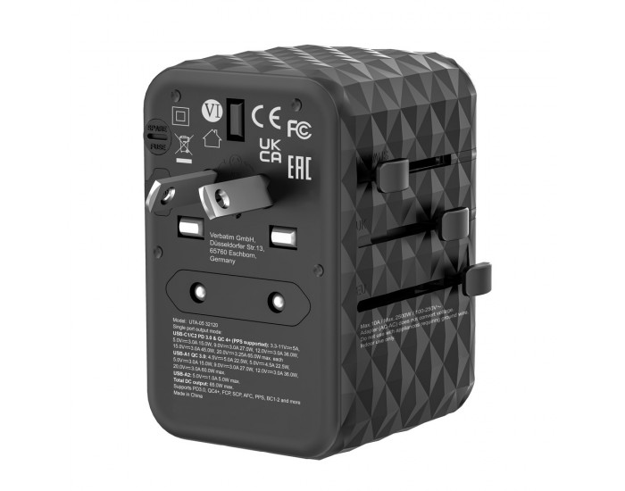 Адаптер Verbatim UTA-05 GaN III Universal Travel Adapter with 2 x USB-C PD 65W & QC 4+ / 2 x USB-A Адаптер Verbatim UTA-05 GaN III Universal Travel Adapter with 2 x USB-C PD 65W & QC 4+ / 2 x USB-A
