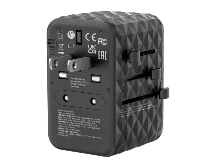 Адаптер Verbatim UTA-05 GaN III Universal Travel Adapter with 2 x USB-C PD 65W & QC 4+ / 2 x USB-A Адаптер Verbatim UTA-05 GaN III Universal Travel Adapter with 2 x USB-C PD 65W & QC 4+ / 2 x USB-A