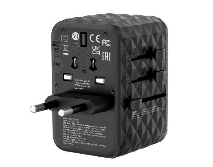 Адаптер Verbatim UTA-05 GaN III Universal Travel Adapter with 2 x USB-C PD 65W & QC 4+ / 2 x USB-A Адаптер Verbatim UTA-05 GaN III Universal Travel Adapter with 2 x USB-C PD 65W & QC 4+ / 2 x USB-A