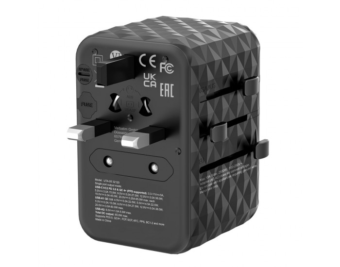 Адаптер Verbatim UTA-05 GaN III Universal Travel Adapter with 2 x USB-C PD 65W & QC 4+ / 2 x USB-A Адаптер Verbatim UTA-05 GaN III Universal Travel Adapter with 2 x USB-C PD 65W & QC 4+ / 2 x USB-A