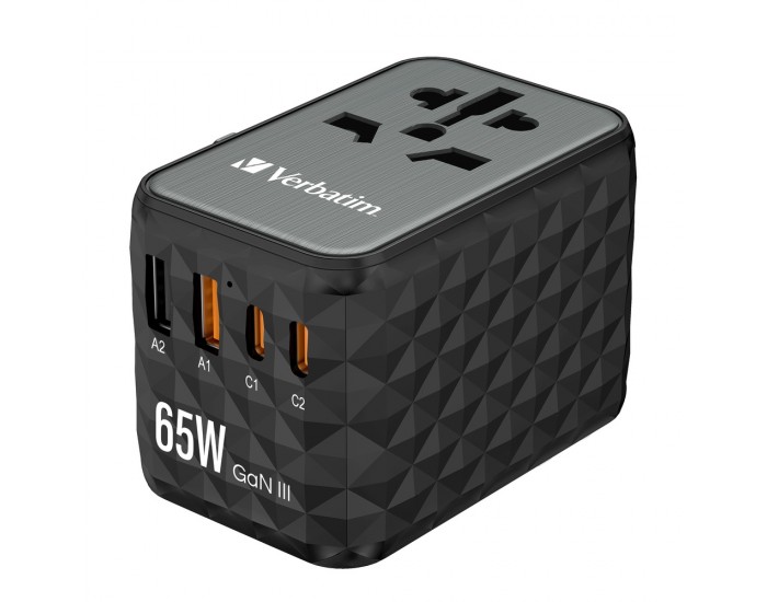 Адаптер Verbatim UTA-05 GaN III Universal Travel Adapter with 2 x USB-C PD 65W & QC 4+ / 2 x USB-A Адаптер Verbatim UTA-05 GaN III Universal Travel Adapter with 2 x USB-C PD 65W & QC 4+ / 2 x USB-A