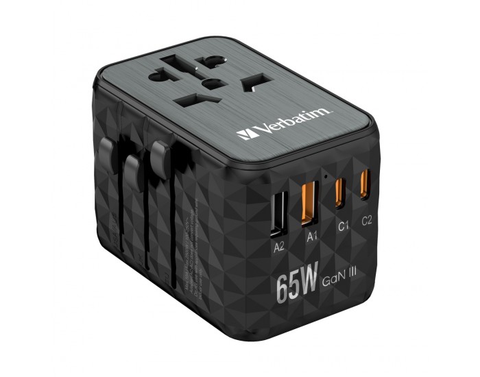 Адаптер Verbatim UTA-05 GaN III Universal Travel Adapter with 2 x USB-C PD 65W & QC 4+ / 2 x USB-A Адаптер Verbatim UTA-05 GaN III Universal Travel Adapter with 2 x USB-C PD 65W & QC 4+ / 2 x USB-A