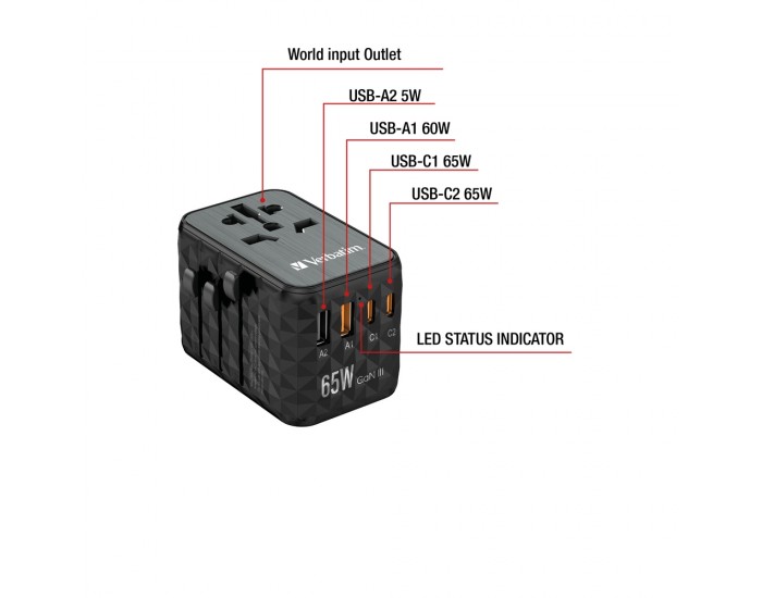 Адаптер Verbatim UTA-05 GaN III Universal Travel Adapter with 2 x USB-C PD 65W & QC 4+ / 2 x USB-A Адаптер Verbatim UTA-05 GaN III Universal Travel Adapter with 2 x USB-C PD 65W & QC 4+ / 2 x USB-A