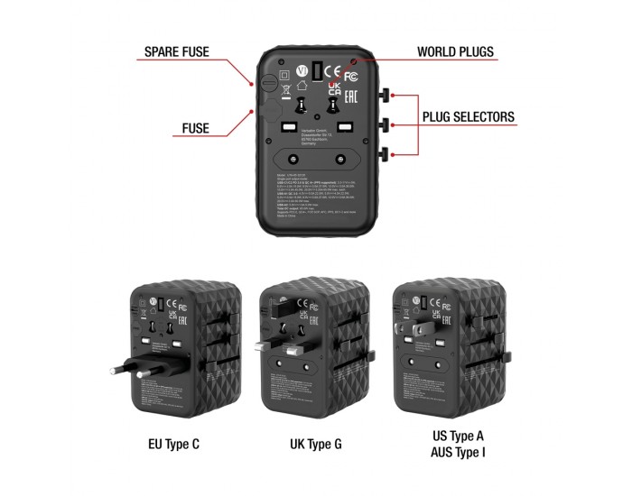 Адаптер Verbatim UTA-05 GaN III Universal Travel Adapter with 2 x USB-C PD 65W & QC 4+ / 2 x USB-A Адаптер Verbatim UTA-05 GaN III Universal Travel Adapter with 2 x USB-C PD 65W & QC 4+ / 2 x USB-A