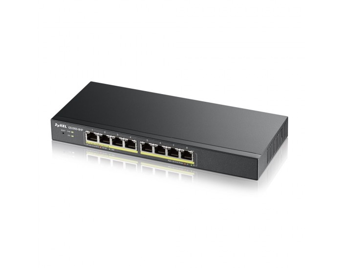 Комутатор ZyXEL GS1900-8HP, 8-port GbE L2 PoE Smart Switch, 802.3at, desktop, fanless, 70 Watt