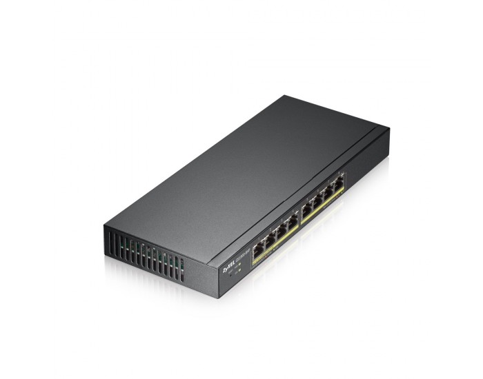 Комутатор ZyXEL GS1900-8HP, 8-port GbE L2 PoE Smart Switch, 802.3at, desktop, fanless, 70 Watt