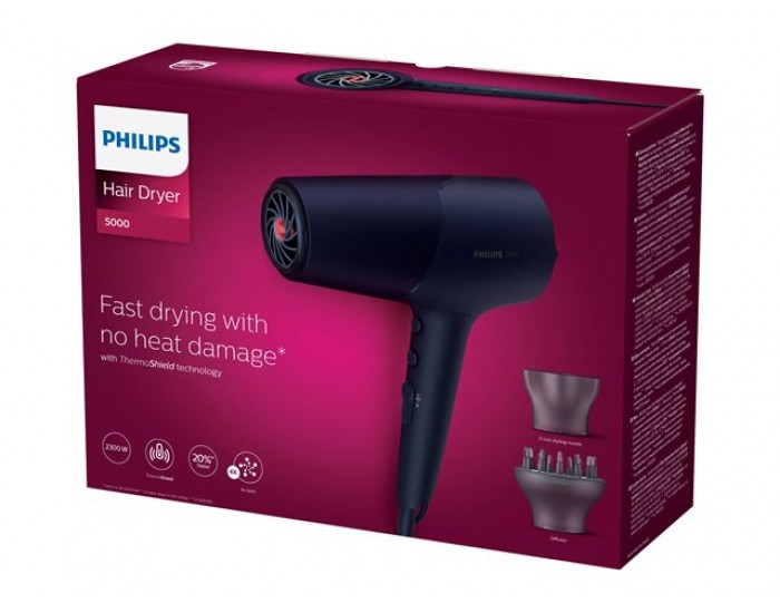 PHILIPS Hair dryer 2300W Series 5000 ThermoShield technology 6 heat and speed settings ionic care blue PHILIPS Hair dryer 2300W Series 5000 ThermoShield technology 6 heat and speed settings ionic care blue