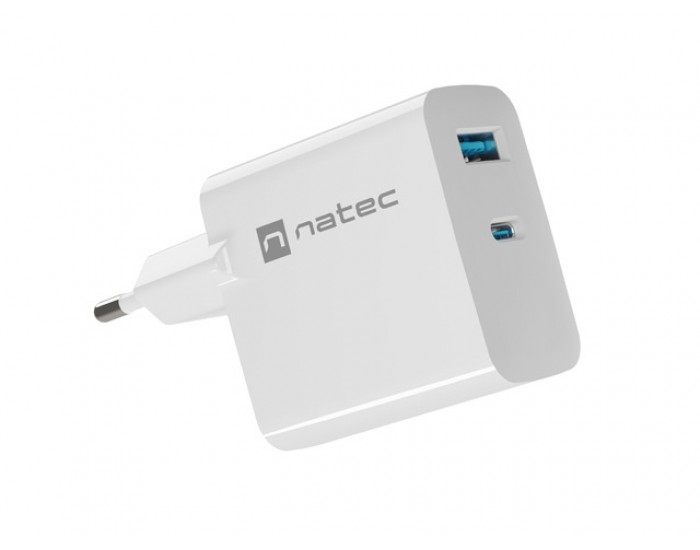 Адаптер Natec USB Charger Ribera Gan 1X USB-A + 1X USB-C 45W, White Адаптер Natec USB Charger Ribera Gan 1X USB-A + 1X USB-C 45W, White