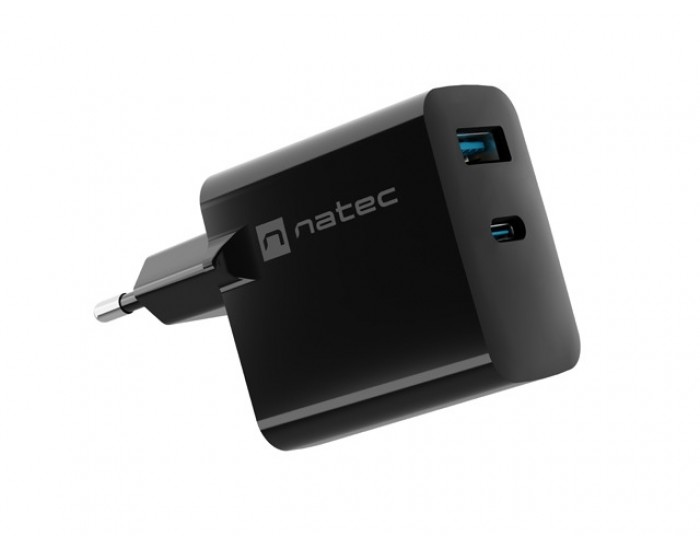 Адаптер Natec USB Charger Ribera Gan 1X USB-A + 1X USB-C 45W, Black Адаптер Natec USB Charger Ribera Gan 1X USB-A + 1X USB-C 45W, Black