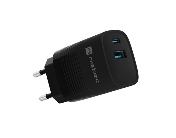 Адаптер Natec USB Charger Ribera Gan 1X USB-A + 1X USB-C 30W, Black