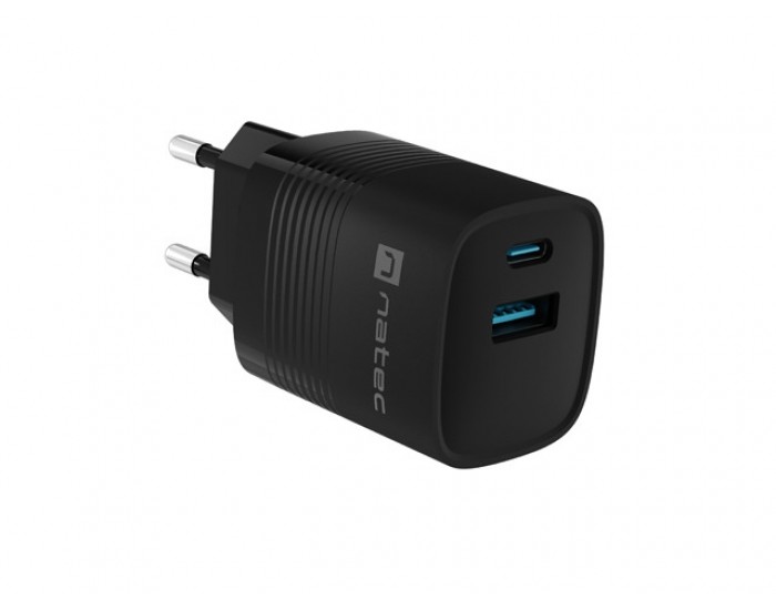 Адаптер Natec USB Charger Ribera Gan 1X USB-A + 1X USB-C 30W, Black
