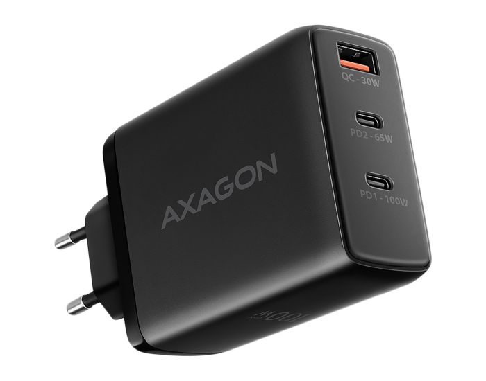 AXAGON ACU-DPQ100 GaN Wall charger, 3x port (USB + dual USB-C), PD3.0/QC4+/PPS/Apple, 100W, black AXAGON ACU-DPQ100 GaN Wall charger, 3x port (USB + dual USB-C), PD3.0/QC4+/PPS/Apple, 100W, black