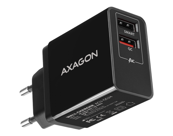 Dual wallcharger <240V / 2x USB port QC3.0/AFC/FCP + 5V-1.2A. 24W total power. Dual wallcharger <240V / 2x USB port QC3.0/AFC/FCP + 5V-1.2A. 24W total power.
